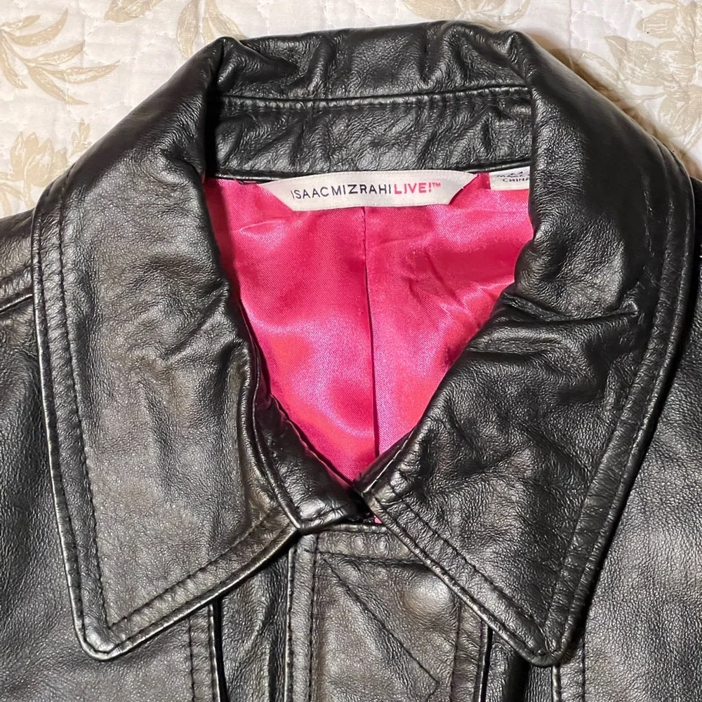 Isaac Mizrahi Live! Black Leather Coat Jacket, size medium Retro Indie Grunge - Picture 2 of 13